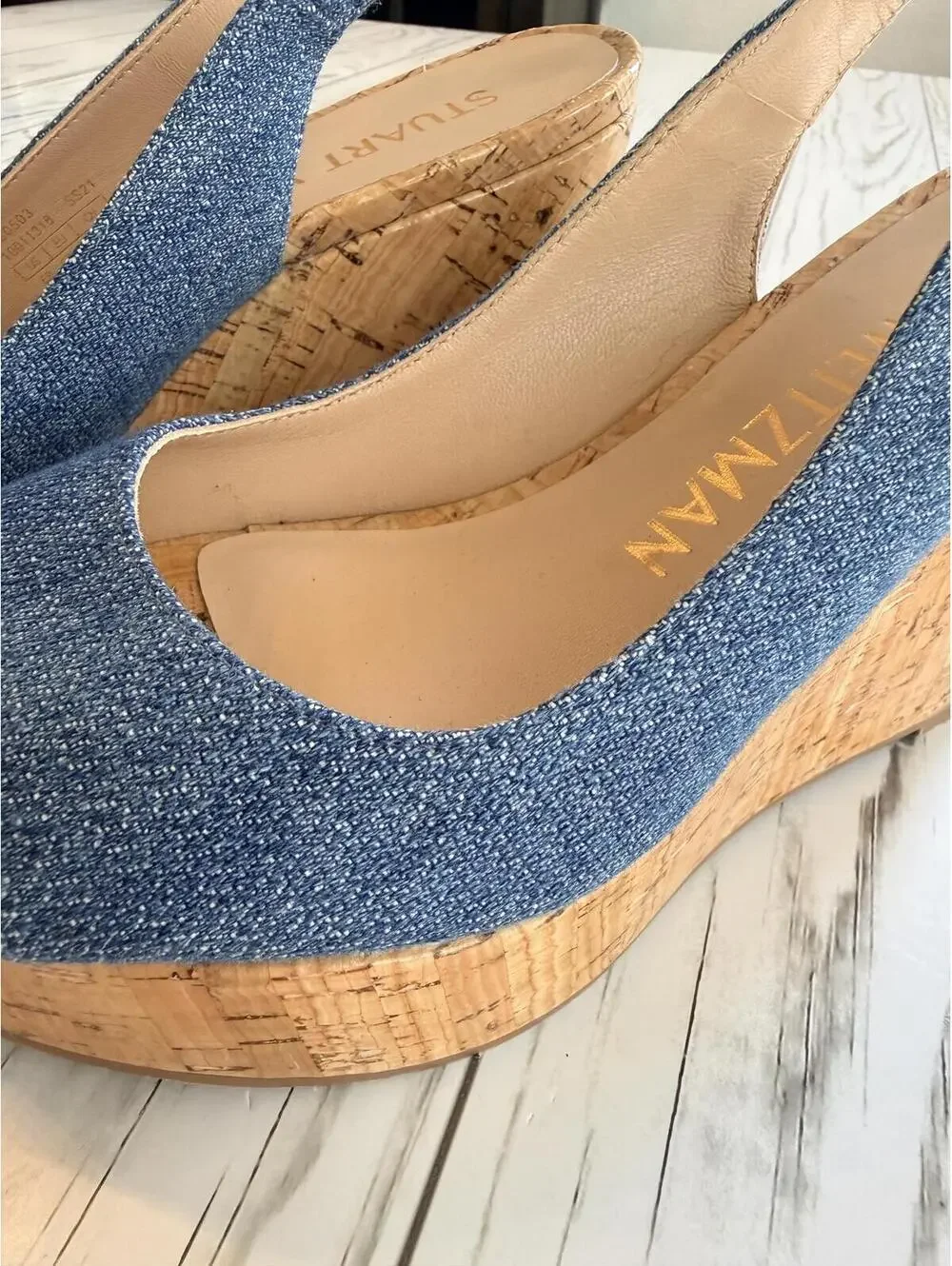 Stuart Weitzman Women's Size 6 Jean Denim Cork Wedge Peep Toe Slingback Sandals - Picture 11 of 15
